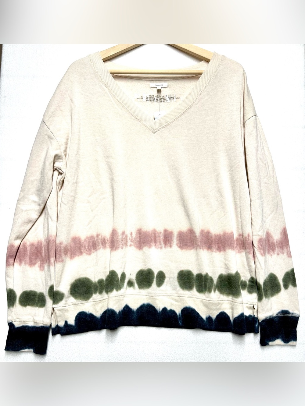 Maurices Women’s Large Tie Dye V Neck Sweatshirt Cream Green Blue Boho NWT